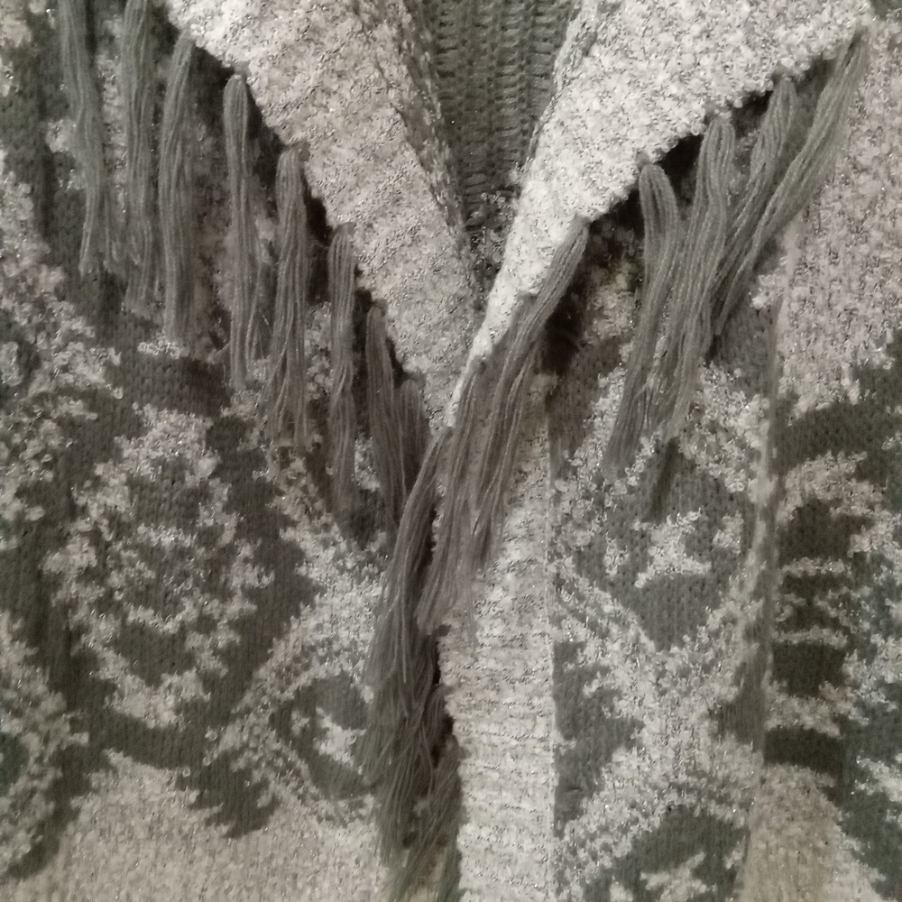 Cato Cream and Gray Patterned Cardigan with Fringe